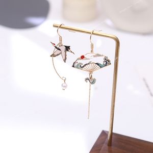 Chinese style Folding Fan Modeling Crane cloud Hanging Dangle National Style Earrings for Women Hollow asymmetric Metal Jewelry EarringsDangle Earrings fan