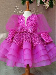 Bling Ball Gown Flower Girls Dress для свадеб с личинкой с длинным рукавом аппликация Boho Kids Birthday First Holy Preses