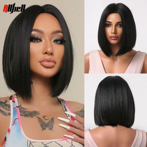 Synthetic Wigs Short Black Bob for Women Middle Part Straight Hair Heat Resistant African Female Natural Daily Party Use 230417