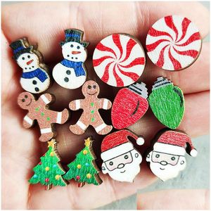 Stud Natale Caramelle Pupazzo di neve Babbo Natale Cartone animato Orecchini a bottone in legno Accessori moda Regalo di Natale Consegna a goccia Gioiello Dhgarden Dhrty