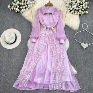 Casual Dresses Women Luxury Lapel Mesh Embroidery Floral Lavender Dress Slim Waist Single Breasted Elegant Long Party Dresses vestido 2024