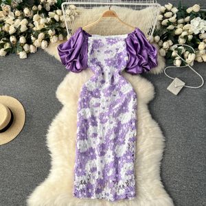 Novo vintage vestidos casuais elegante sexy cintura alta lece slash neck puff manga vestido de férias vestidos magros feminino festa cerimonial vestido 2024