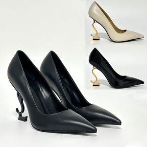 Kadın Tasarımcı Topuk 8cm Topuk Loafer Yüksek Topuk Pompası Siyah Elbise Ayakkabı Deri Kama Kauçuk Sole Altın Topuklu Ofis 35-41