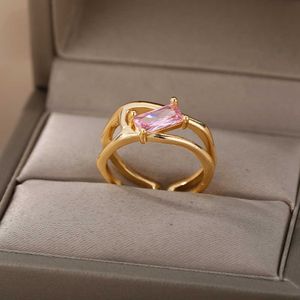 Band Rings Luxury Square Crystal Stone Rings For Women Open Adjustable Cubic Zirconia Ring Party Engagement Wedding Jewerly Couple Gift AA230417