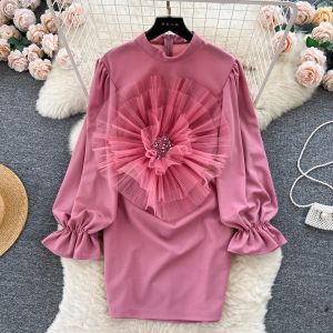 Casual Dresses Women Chic Elegant Three-dimensional Flower Lantern Sleeve Dress Sexy Fashion Elastic Slim Pencil Dress 2024