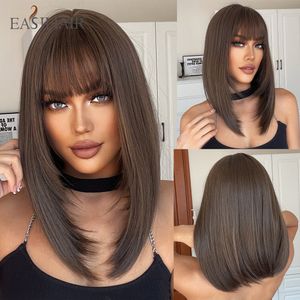 Synthetic Wigs EASIHAIR Short Straight Chestnut Brown Black with Bang Layered Medium Length for Women Daily Heat Resistant 230417