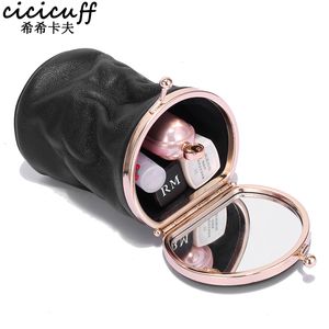 Cosmetic Bags Cases Makeup Case Small Portable Genuine Leather Lipstick Storage Pouch with Mirror Perfume Jewelry Organizer Pocket Mini Cosmetic Bag 230418