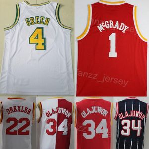 Retro Basketball Clyde Drexler Jersey 22 Hakeem Olajuwon 34 zarobił Jalen Green 4 Tracy McGrady 1 Vintage Haft i Sewing Oświadczenie dla fanów sportu Red White