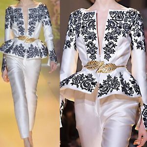 Peplum ile Siyah Beyaz Tulum Balo Elbiseleri 2023 Uzun Kollu Dantel Aplike Ayak Bileği Uzunlukta Gece Elbisesi Pantolonlu Takım Arapça