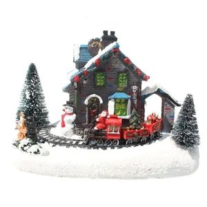 Christmas Decorations Color LED Light Snow Small Train Village House Luminous Resin Ornament 231117