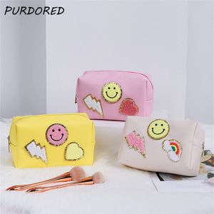 Kosmetiska väskor fodral Purdored 1 PC Letter Patches Makeup Bag dragkedja för kvinnor stor fast färg Kosmetisk väska resor smink toalettart tvättväska 230418