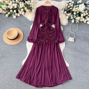 Casual Dresses Sweet Style Women's Dress Solid Color Long-sleeve Fold High Waist A-line Hip Warp Dresses Winter Spring 2024 New