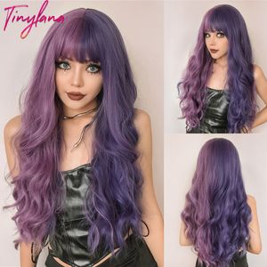 Synthetic Wigs Purple Long Wavy with Bangs Cosplay Christmas Halloween Hair Two Tone Ombre For Women Deep Wave Heat Resistant 230417