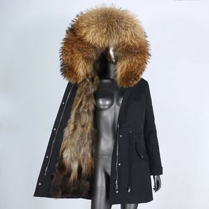 Женское модное пальто из искусственного меха, зимняя куртка, женская длинная парка, непромокаемый натуральный воротник с капюшоном, толстая теплая подкладка из енота 231117