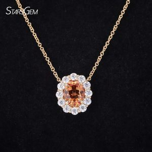 Starsgem Fine Jewelry Floral Style Necklace 14Kイエローゴールドラボ栽培サファイアオレンジ色の宝石ペンダント