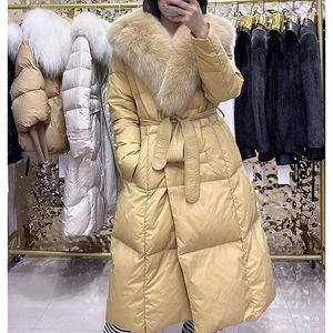 Pele feminina do falso 2023 s branco ganso para baixo casaco de inverno moda highend longo fino jaqueta gola real casaco quente 231117