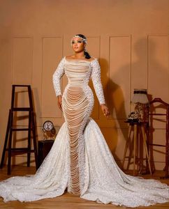 Sexy Mermaid Wedding Dresses Long Sleeves Bateau Beaded Sequins Appliques Detachable Train Pearls Plus Size Diamonds Bridal Gowns Plus Size Vestido de novia Custom