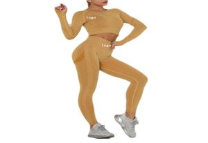 Mulheres sem costura conjunto de yoga roupas de ginástica leggings de fitness camisas cortadas terno do esporte feminino manga longa agasalho ativo wear2154270