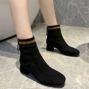 winters Boots Short Women's Thick Heel Spring Autumn New Mid Fashion Elastic Black Martin Versatile Sock