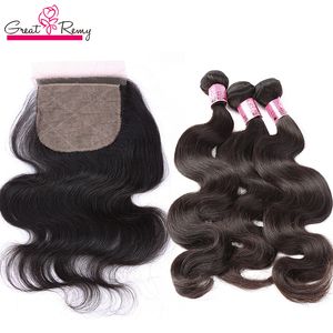 Soft Silk Base Lace Closure With 3 Hair Bundles 100% Remy Human Hair Handmade Body Wave Natural Color Unprocessed Hair Can Be Dyed Factory Outlet Greatremy