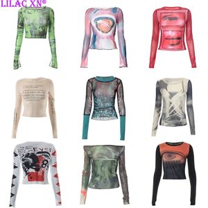 Women's T Shirt Y2K Sexy Lace Mesh See Through T Shirts Goth Graphic Print Long Sleeve Knit Patchwork Tops Vintage Women Summer Streetwear 231117