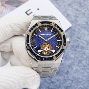 Blue Iced out Diamonds Tourbillon Watches Automatic Mechanical Movement Watch Full Stainless steel Waterproof Luminous Luxury Designer Wristwatches