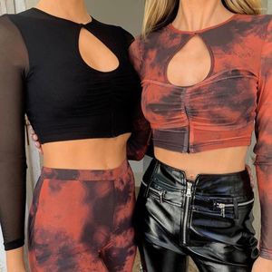 Damenblusen 2023 Frühling Sexy Frauen Tie Dye aushöhlen T-Shirt Langarm Split Sheer Crop Top Bluse Tops
