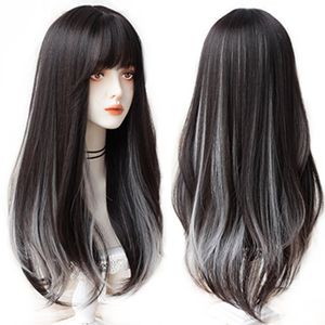 Syntetyczne peruki Houuyan Kobieta długa prosta hair grzywki syntetyczne gradient Gray Cosplay Lolita 230417