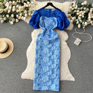 Casual Dresses Sexy Pleated Puff Sleeve Dress Chic Elegant Vestidos Vintage O Neck Women Korean Fashion Ceremonial Dress 2024