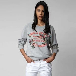 Autumn and winter 23 New French minority Zadig Voltaire Sweatshirts classic letter printing heavy industry Hoodies flower embroidery women's round neck sweater