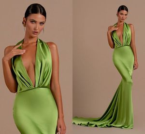 Mermaid Simple Green Dresses For Women Deep V Neck Backless Satin Evening Pageant Gowns Special Occassion Birthday Celebrity Party Dress Formal Wear