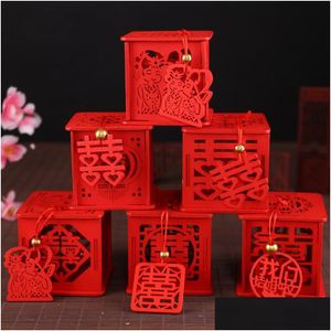 Gift Wrap Many Styles Wood Chinese Double Happiness Favor Boxes Candy Box Red Classical Sugar Case With Tassel 6.5X6.5X6.5Cm Dhuuc