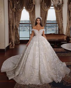 Elegant Ball Gown Wedding Dresses Sleeveless V Neck Sequins Applique 3D Lace Ruffle Bridal Gowns Off Shoulder Formal Dress Plus Size Custom Made Vestido de novia