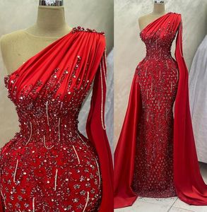 Aso Ebi April Red Prom Dress Mermaid Beaded Crystals Evening Formal Party Second Reception Birthday Engagement Gowns Dresses Robe De Soiree ZJ es