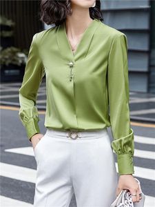 Damen Blusen Grüne Bluse Frauen 2023 Frühling Herbst Damenmode Korean Style Satin V-Ausschnitt Weiße Bluse Langarm Elegant Vintage