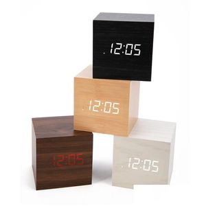 Desk & Table Clocks Mini Digital Wooden Led Alarm Clock Wood Retro Glow Clocks Desktop Table Decor Voice Control Sn Function Desk Cale Dhtxa