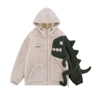 Giacche da uomo In pile con cappuccio In lana d'agnello Parka Giacca da uomo Vintage Dinosauro Patchwork Streetwear Cappotti invernali Cappotti caldi addensati Unisex