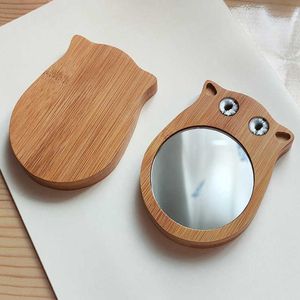 100Pcs Free Engrave Logo Bamboo Portable Make Up Mirror Cute Owl Mirror Small Fresh Student Mini Make-up Mirror Creative Gift