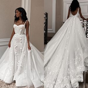 Lindos vestidos de noiva de sereia Spaghetti 3D Candidatos de renda com faixa sem costas Zipper vestido de capela personalizada feita de tamanho grande vestido de noiva vestidos de novia