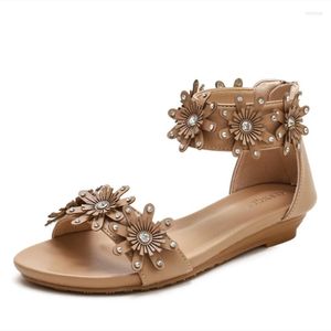 Sandalen Mädchen Beautiufl Crystal Flowers Zurück Reißverschlüsse Schuhe Open Toe Cover Heels Wedges Modische 2 cm Chuny Wood Texture Sole