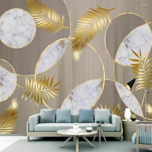 Bakgrundsbilder Milofi Custom 3D Wallpaper Mural Nordic Light Luxury Wood Grain Marmor Circle Golden Leaves Bakgrund Väggmålning