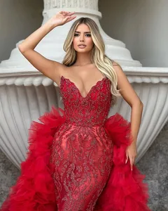 Elegant Red Lace Mermaid Evening Dresses Sexy Lllusion V-Neck Appliques Slim Fit Detachable Tulle Tail Prom Dresses Custom Made D-L23537