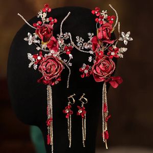 Wedding Hair Jewelry Pair of Chinese Bridal Burgundy Flowers Rhinestones Tassels Hair Clips Ethnic Style Red Barrettes wedding Hair Jewelry 231118