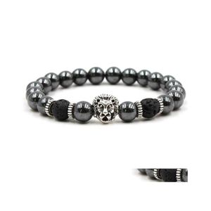 ビーズビーズブラックヘマタイトストランドストーン溶岩岩ブレスレット合金金メッキsier skl lion owl for women men bracelet banglesjewe dhrb4