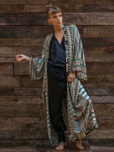 Kvinnors badkläder blå retro tryckt långärmad självbälte plus storlek bohemisk kimono tunika kvinnor toppar och blusar skjortor q1228 230417