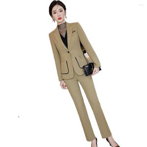 Kvinnors tvåbitar byxor avancerad Khaki Business Luits Women 2023 Autumn Winter Temperament Fashion Slim Blazer and Office Ladies Work Wear