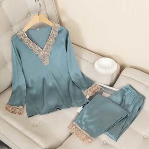 Women's Sleepwear 4611c-4 Womens Silk Satin Pajamas Pyjama set Sleepwear Pajamas Suit Female Sleep Two Piece Set Loungewear Home Wear49b1-1 230418