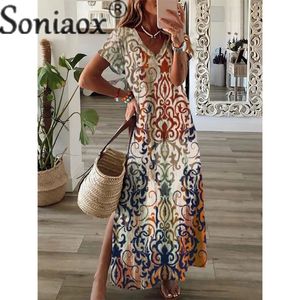 Casual Dresses Vintage Print Short Sleeve Split Fashion Womens Clothing Harajuku Style V Neck Pullover Dressy Female Long Skirt 230418