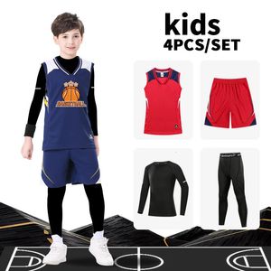 アウトドアTシャツの子供4PCセットフィットネススーツ圧縮タイツボーイズジムフィットネスタイツ冬の屋外バスケットボールジャージスポーツスーツ231117