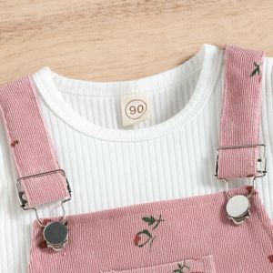Conjuntos de roupas 2 peças crianças terno conjunto cor sólida o-pescoço manga longa topsand floral impressão suspender calças para meninas meses-4 anos